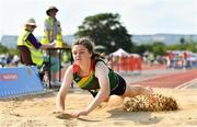 13 August 2022; Katie O'Reilly from Graiguecullen, Carlow, competes in the girls long Jump U14 & O12 during the Aldi Community Games National Track and Field Finals that attract over 2,000 children to SETU Carlow Sports Campus in Carlow. Photo by Sam Barnes/Sportsfile