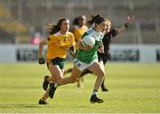 13 August 2022; Eimear Smyth of Fermanagh in action against Niamh McIntosh of Antrim during the TG4 All-Ireland Ladies Junior Football Championship Final Replay between Antrim and Fermanagh at the Athletic Grounds, Armagh. Photo by Oliver McVeigh/Sportsfile *