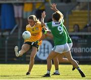 13 August 2022; Orlaith Prenter of Antrim in action against Aisling O'Brien of Fermanagh during the TG4 All-Ireland Ladies Junior Football Championship Final Replay between Antrim and Fermanagh at the Athletic Grounds, Armagh. Photo by Oliver McVeigh/Sportsfile