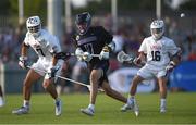 13 August 2022; Gregory Elijah-Brown of Haudenosaunee  in action against Kenny Brower, left, and Patrick Hackler of USA during the 2022 World Lacrosse Men's U21 World Championship - Pool A match between USA and Haudenosaunee at University of Limerick. Photo by Tom Beary/Sportsfile