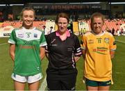 13 August 2022; Referee Lorraine O'Sullivan with captains Molly McGloin of Fermanagh, left, and Cathy Carey of Antrim before the TG4 All-Ireland Ladies Junior Football Championship Final Replay between Antrim and Fermanagh at the Athletic Grounds, Armagh. Photo by Oliver McVeigh/Sportsfile