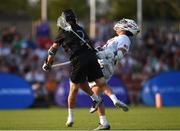 13 August 2022; Lance Tillman of USA in action against Dylan Snow of Haudenosaunee during the 2022 World Lacrosse Men's U21 World Championship - Pool A match between USA and Haudenosaunee at University of Limerick. Photo by Tom Beary/Sportsfile