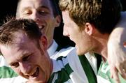 21 May 2004; Trevor Molloy, left, Shamrock Rovers, celebrates after scoring his sides first goal with team-mates Jason McGuinness, right, and Trevor Croly. eircom league, Premier Division, Shamrock Rovers v Derry City, Richmond Park, Dublin. Picture credit; David Maher / SPORTSFILE