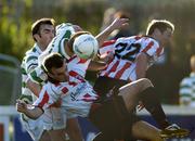 21 May 2004; Damien Brennan and Clive Delaney, 22, Derry City, in action against Trevor Croly and Terry Palmer, Shamrock Rovers. eircom league, Premier Division, Shamrock Rovers v Derry City, Richmond Park, Dublin. Picture credit; David Maher / SPORTSFILE