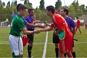 10August 2013; Ireland captain Luke Evans and Russia captain Ivan Potekhin shake hands before the game. 2013 CPISRA Intercontinental Cup, 3rd/4th place Play-Off, Ireland v Russia, Stadium ZEM Jaume Tubau, Sant Cugat del Valles, Barcelona, Spain. Picture credit: Juan Manuel Baliellas / SPORTSFILE
