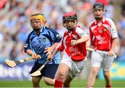 11 August 2013; Christopher Flood, representing Cork, in action against Conal Sweeney, representing Dublin, during the INTO/RESPECT Exhibition GoGames at the GAA Hurling All-Ireland Senior Championship Semi-Final between Dublin and Cork. Croke Park, Dublin. Photo by Sportsfile