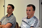 12 August 2013; Clare selector Louis Mulqueen, right, and Brendan Bugler, during a press event ahead of their GAA Hurling All-Ireland Senior Championship Semi-Final against Limerick on Sunday. Templegate Hotel, Ennis, Co. Clare. Picture credit: Diarmuid Greene / SPORTSFILE