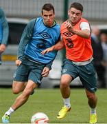 12 August 2013; Republic of Ireland's Seamus Coleman, left, and Robbie Brady in action during squad training ahead of their international friendly against Wales on Wednesday. Republic of Ireland Squad Training, Spytty Park, Newport, Wales. Picture credit: David Maher / SPORTSFILE