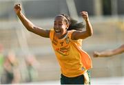 13 August 2022; Omolara Dahunsi of Antrim celebrates after the TG4 All-Ireland Ladies Junior Football Championship Final Replay between Antrim and Fermanagh at the Athletic Grounds, Armagh. Photo by Oliver McVeigh/Sportsfile