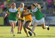 13 August 2022; Omolara Dahunsi of Antrimin action against Nuala Curran of Fermanagh during the TG4 All-Ireland Ladies Junior Football Championship Final Replay between Antrim and Fermanagh at the Athletic Grounds, Armagh. Photo by Oliver McVeigh/Sportsfile