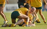 13 August 2022; Omolara Dahunsi, left, and Clare Emerson of Antrim celebrate after the TG4 All-Ireland Ladies Junior Football Championship Final Replay between Antrim and Fermanagh at the Athletic Grounds, Armagh. Photo by Oliver McVeigh/Sportsfile