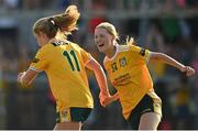 13 August 2022; Cathy Carey of Antrim celebrates with Theresa Mellon after scoring her side's third goal during the TG4 All-Ireland Ladies Junior Football Championship Final Replay between Antrim and Fermanagh at the Athletic Grounds, Armagh. Photo by Oliver McVeigh/Sportsfile