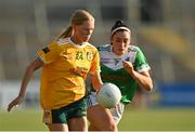 13 August 2022; Theresa Mellon of Antrim in action against Cadhla Bogue of Fermanagh during the TG4 All-Ireland Ladies Junior Football Championship Final Replay between Antrim and Fermanagh at the Athletic Grounds, Armagh. Photo by Oliver McVeigh/Sportsfile