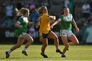 13 August 2022; Cathy Carey of Antrim in action against Erica Douglas and Cadhla Bogue of Fermanagh during the TG4 All-Ireland Ladies Junior Football Championship Final Replay between Antrim and Fermanagh at the Athletic Grounds, Armagh. Photo by Oliver McVeigh/Sportsfile