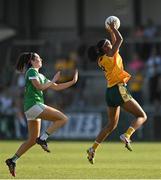 13 August 2022; Omolara Dahunsi of Antrim in action against Blaithin Bogue of Fermanagh during the TG4 All-Ireland Ladies Junior Football Championship Final Replay between Antrim and Fermanagh at the Athletic Grounds, Armagh. Photo by Oliver McVeigh/Sportsfile