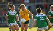 13 August 2022; Cathy Carey of Antrim in action against Eimear Keenan of Fermanagh during the TG4 All-Ireland Ladies Junior Football Championship Final Replay between Antrim and Fermanagh at the Athletic Grounds, Armagh. Photo by Oliver McVeigh/Sportsfile