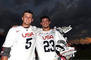 13 August 2022; Graham Bundy, JR, left, and Jack Monofort of USA following the 2022 World Lacrosse Men's U21 World Championship - Pool A match between USA and Haudenosaunee at University of Limerick. Photo by Tom Beary/Sportsfile