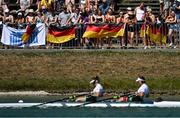 14 August 2022; Germany supporters look on as Steven McGowan, right, and Katie O'Brien of Ireland in the Mixed Double Sculls Final A during day 4 of the European Championships 2022 at Olympic Regatta Centre in Munich, Germany. Photo by Ben McShane/Sportsfile