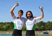 14 August 2022; Fintan McCarthy, left, and Paul O'Donovan of Ireland celebrate after winning gold in the Men's Lightweight Double Sculls Final A during day 4 of the European Championships 2022 at Olympic Regatta Centre in Munich, Germany. Photo by Ben McShane/Sportsfile