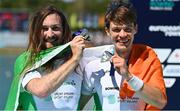 14 August 2022; Paul O'Donovan, left, and Fintan McCarthy of Ireland celebrate with their gold medals after winning the Men's Lightweight Double Sculls A Final during day 4 of the European Championships 2022 at Olympic Regatta Centre in Munich, Germany. Photo by Ben McShane/Sportsfile