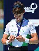 14 August 2022; Fintan McCarthy of Ireland celebrate with their gold medal after winning the Men's Lightweight Double Sculls A Final during day 4 of the European Championships 2022 at Olympic Regatta Centre in Munich, Germany. Photo by Ben McShane/Sportsfile