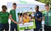 13 August 2022; Community games ambassadors, from left, Adeyemi Talabi, Oisin Joyce, Jesse Osas and Conor Cusack, with Jimmy Kennedy from Piercestown-Murrinstown, Wexford,  during the Aldi Community Games National Track and Field Finals that attract over 2,000 children to SETU Carlow Sports Campus in Carlow. Photo by Sam Barnes/Sportsfile