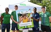 13 August 2022; Community games ambassadors, from left, Adeyemi Talabi, Oisin Joyce, Jesse Osas and Conor Cusack, with Jimmy Kennedy from Piercestown-Murrinstown, Wexford,  during the Aldi Community Games National Track and Field Finals that attract over 2,000 children to SETU Carlow Sports Campus in Carlow. Photo by Sam Barnes/Sportsfile