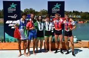 14 August 2022; Gold medallists Paul O'Donovan and Fintan McCarthy of Ireland, with silver medallists Stefano Oppo and Pietro Ruta of Italy and Jan Schaeuble and Raphael Ahumada Ireland of Switzerland after the Men's Lightweight Double Sculls A Final during day 4 of the European Championships 2022 at Olympic Regatta Centre in Munich, Germany. Photo by Ben McShane/Sportsfile
