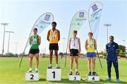 13 August 2022; Community Games ambassador Jesse Osas, right, with boys 100m U16 & O14 medallists, Sylvester Onwudiwe from Ennis-St-Johns, Clare, gold, Finn Barrett from Cahersiveen, Kerry, silver, Peter Murphy from Ballymore-Eustace, Kildare, bronze, and Anthony Cox from Kilgefin, Roscommon, fourth, during the Aldi Community Games National Track and Field Finals that attract over 2,000 children to SETU Carlow Sports Campus in Carlow. Photo by Sam Barnes/Sportsfile