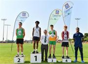 13 August 2022; Community Games President Gerry McGuinness, centre, and Community Games ambassador Jesse Osas, right, with boys 100m U14 & O12 medallists, Kenneth Kalu from Cornageeha, Sligo, gold, Kiegan Lawlor from Bennekerry-Tinryland, Carlow, silver, Cian McNamee from Rhode, Offaly, bronze, and Finn Roddy from Castlepollard-Finea, Westmeath, fourth, during the Aldi Community Games National Track and Field Finals that attract over 2,000 children to SETU Carlow Sports Campus in Carlow. Photo by Sam Barnes/Sportsfile