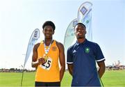 13 August 2022; Community Games ambassador Jesse Osas, right, with boys 100m U16 & O14 gold medallist Sylvester Onwudiwe from Ennis-St-Johns, Clare, during the Aldi Community Games National Track and Field Finals that attract over 2,000 children to SETU Carlow Sports Campus in Carlow. Photo by Sam Barnes/Sportsfile