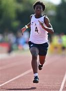 13 August 2022; Kenneth Kalu from Cornageeha, Sligo, on his way to winning the boys 100m U14 & O12 final during the Aldi Community Games National Track and Field Finals that attract over 2,000 children to SETU Carlow Sports Campus in Carlow. Photo by Sam Barnes/Sportsfile