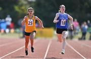 13 August 2022; Rebecca Reid from Inch-Kilmaley-Connolly, Clare, left, and Eadaoin Lynch from Killan, Cavan, competing in the girls 100m U14 & O12 during the Aldi Community Games National Track and Field Finals that attract over 2,000 children to SETU Carlow Sports Campus in Carlow. Photo by Sam Barnes/Sportsfile