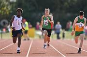 13 August 2022; Kiegan Lawlor from Bennekerry-Tinryland, Carlow, centre, competing in the boys 100m U14 & O12 final during the Aldi Community Games National Track and Field Finals that attract over 2,000 children to SETU Carlow Sports Campus in Carlow. Photo by Sam Barnes/Sportsfile