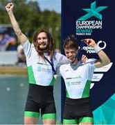 14 August 2022; Paul O'Donovan, left, and Fintan McCarthy of Ireland celebrate with their gold medals after winning the Men's Lightweight Double Sculls Final A during day 4 of the European Championships 2022 at Olympic Regatta Centre in Munich, Germany. Photo by Ben McShane/Sportsfile