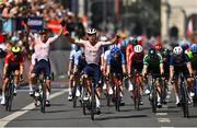 14 August 2022; Fabio Jakobsen of Netherlands wins the men's road race from silver medallist Arnaud Demare of France, bronze medallist Tim Merlier of Belgium, fourth placed Danny Van Poppel of the Netherlands and fifth placed Sam Bennett of Ireland during the 28th UEC Road Cycling European Championships during day 4 of the European Championships 2022 in Munich, Germany. Photo by David Fitzgerald/Sportsfile