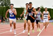 14 August 2022; Fintan Kerins of Clonliffe Harriers AC, Dublin, centre, on his way to winning the premier men's 800m during the AAI National Outdoor League Final at Tullamore, Offaly. Photo by Sam Barnes/Sportsfile