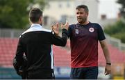 14 August 2022; St Patrick's Athletic manager Tim Clancy, right, and Sligo Rovers manager John Russell before the SSE Airtricity League Premier Division match between St Patrick's Athletic and Sligo Rovers at Richmond Park in Dublin. Photo by Seb Daly/Sportsfile