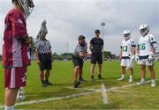 14 August 2022; Head referee Alexander Frey tosses the coin prior the 2022 World Lacrosse Men's U21 World Championship - Pool C match between Ireland and Latvia at University of Limerick. Photo by Tom Beary/Sportsfile