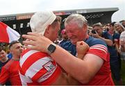 14 August 2022; Ferns St Aidan's manager Pat Bennett and Ian Byrne of Ferns St Aidan's celebrate after the Wexford County Senior Hurling Championship Final match between St Martin's and Ferns St Aidan's at Chadwicks Wexford Park in Wexford. Photo by Ramsey Cardy/Sportsfile