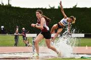 14 August 2022; Aine O'Farrell of Galway County, left, competes in the premier women's 3000m steeplechase during the AAI National Outdoor League Final at Tullamore, Offaly. Photo by Sam Barnes/Sportsfile