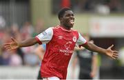 14 August 2022; Serge Atakayi of St Patrick's Athletic celebrates after scoring his side's first goal during the SSE Airtricity League Premier Division match between St Patrick's Athletic and Sligo Rovers at Richmond Park in Dublin. Photo by Seb Daly/Sportsfile