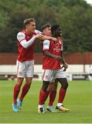 14 August 2022; Serge Atakayi of St Patrick's Athletic, right, celebrates with teammates Anto Breslin, left, and Adam O'Reilly after scoring their side's first goal during the SSE Airtricity League Premier Division match between St Patrick's Athletic and Sligo Rovers at Richmond Park in Dublin. Photo by Seb Daly/Sportsfile