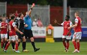 14 August 2022; Referee Ben Connolly shows a red card to Mark Doyle of St Patrick's Athletic, right, during the SSE Airtricity League Premier Division match between St Patrick's Athletic and Sligo Rovers at Richmond Park in Dublin. Photo by Seb Daly/Sportsfile
