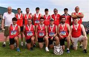 14 August 2022; The Tír Chonaill AC team, Donegal, celebrate with the division one men's shield during the AAI National Outdoor League Final at Tullamore, Offaly. Photo by Sam Barnes/Sportsfile