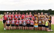 14 August 2022; Division one women's medallists, Enniscorthy AC, Wexford, gold, Tir Chonaill AC, Donegal, silver, and Leevale AC, bronze, during the AAI National Outdoor League Final at Tullamore, Offaly. Photo by Sam Barnes/Sportsfile
