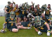 14 August 2022; Australia players celebrate following their 13-7 win in the 2022 World Lacrosse Men's U21 World Championship - Pool A match between Australia and Haudenosaunee at University of Limerick. Photo by Tom Beary/Sportsfile