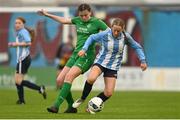 14 August 2022; Lauren O'Donnell of Salthill Devon in action against Roisin Horkan of Claremorris AFC during the FAI Women’s U17 Cup Final match between Salthill Devon FC and Claremorris FC at Eamon Deacy Park in Galway. Photo by Harry Murphy/Sportsfile