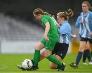 14 August 2022; Caoilinn Walsh of Claremorris AFC is tackled by Kaelah Tobin of Salthill Devon during the FAI Women’s U17 Cup Final match between Salthill Devon FC and Claremorris FC at Eamon Deacy Park in Galway. Photo by Harry Murphy/Sportsfile