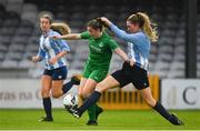 14 August 2022; Katie Clarke of Claremorris AFC is tackled by Maria Costello of Salthill Devon during the FAI Women’s U17 Cup Final match between Salthill Devon FC and Claremorris FC at Eamon Deacy Park in Galway. Photo by Harry Murphy/Sportsfile